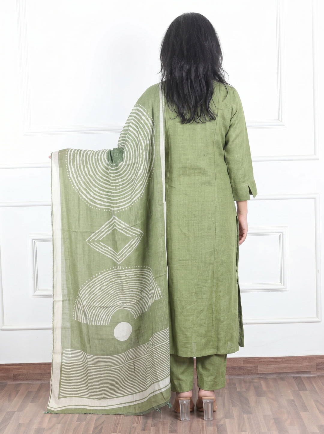Shobha Leaf Green MIrror Jute Cotton 3 Piece Set