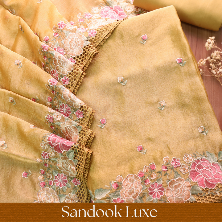 Avinya Yellow Thread Embroidered Hem Crinkle Shimmer Tissue Organza Set