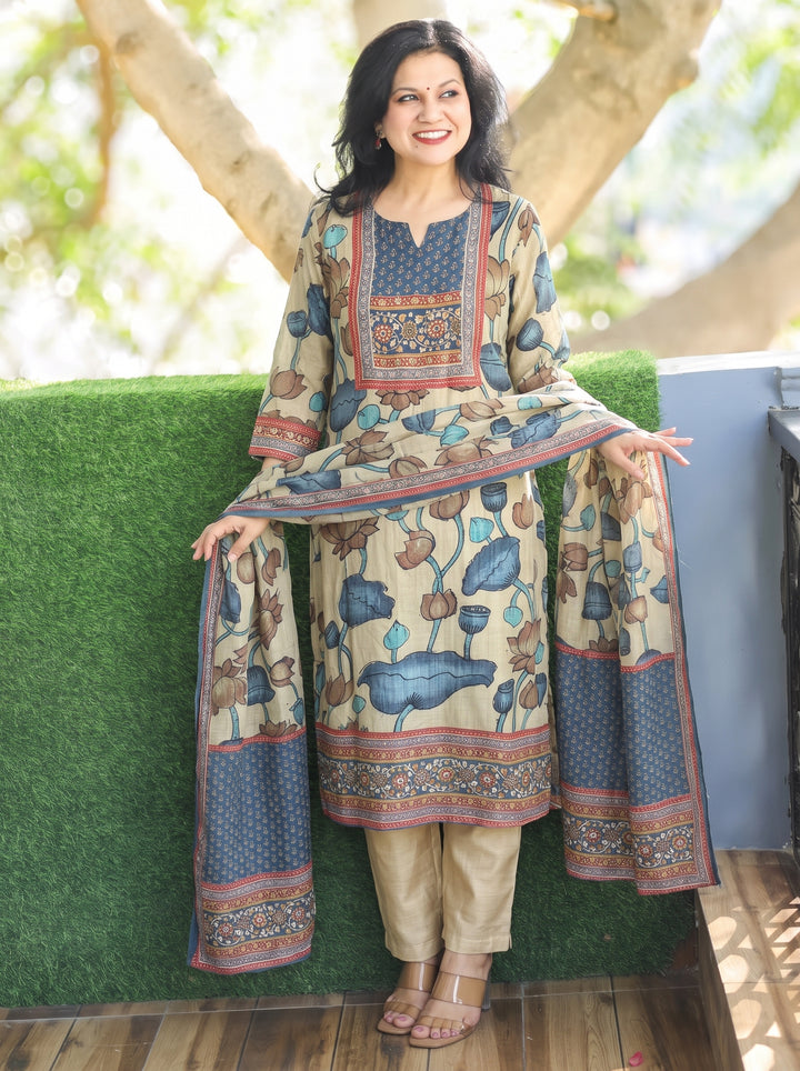 Rushali Beige Spiral Zari Work Printed Muslin 3 Piece Set