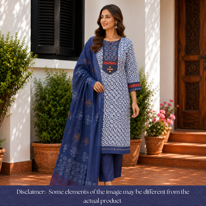 Ishani Stone Blue Kutch Mirror Dabu Printed Cotton Set D3