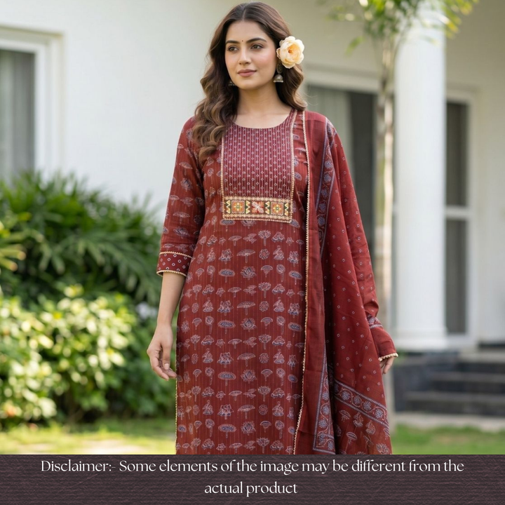 Palak Red Zari Work Embroidered Yoke Ajrak Print Cotton Set