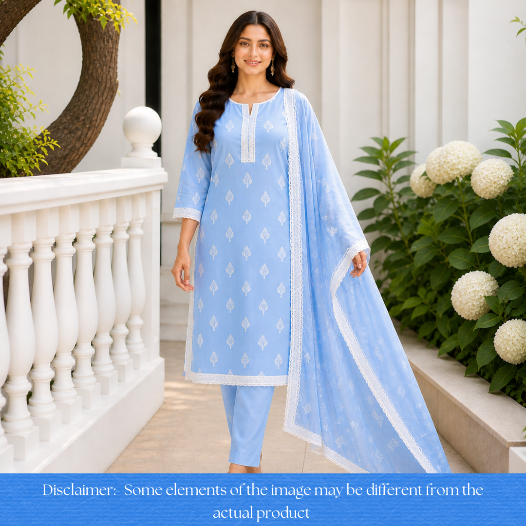 Amriti Powder Blue  Lace Patch in Cotton Schiffli Set