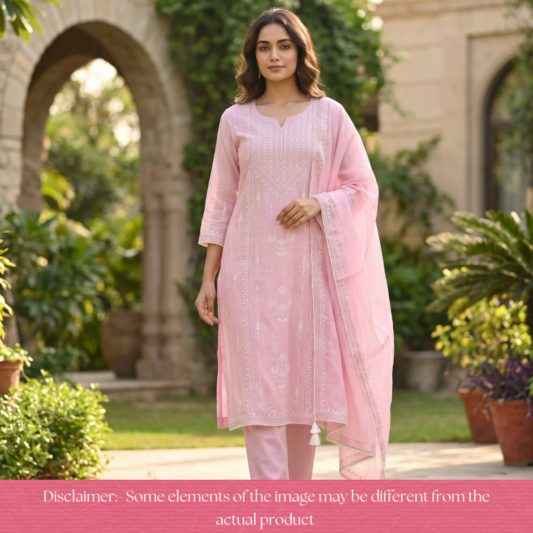 Jeevika Tulip Pink Embroidered Panel Mul Chanderi Set