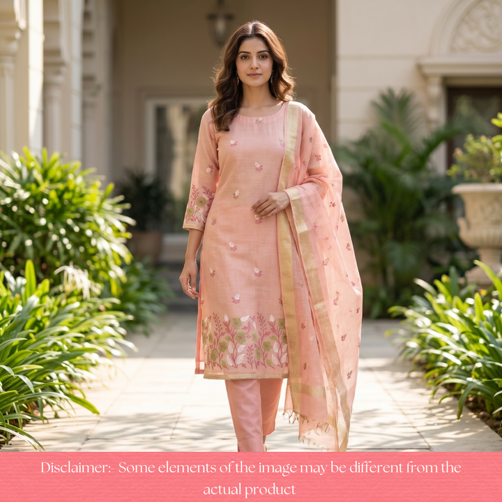 Radhi Blush Pink Embroidered Hem Shimmer Tissue Linen Set