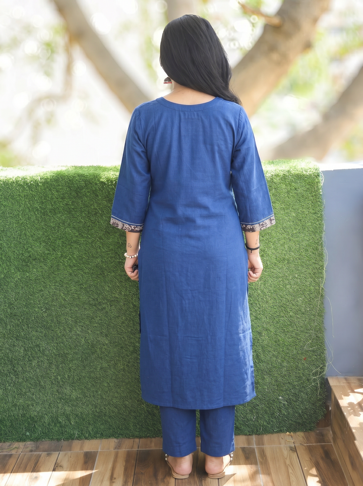 Kanak Royal Blue Kalamkari Printed Yoke Cotton Kurti