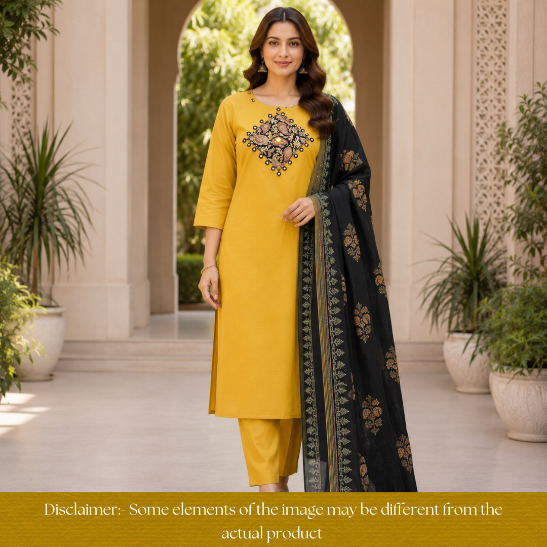 Saheli Yellow Mirror Work Applique Kalamkari Jam Cotton Set