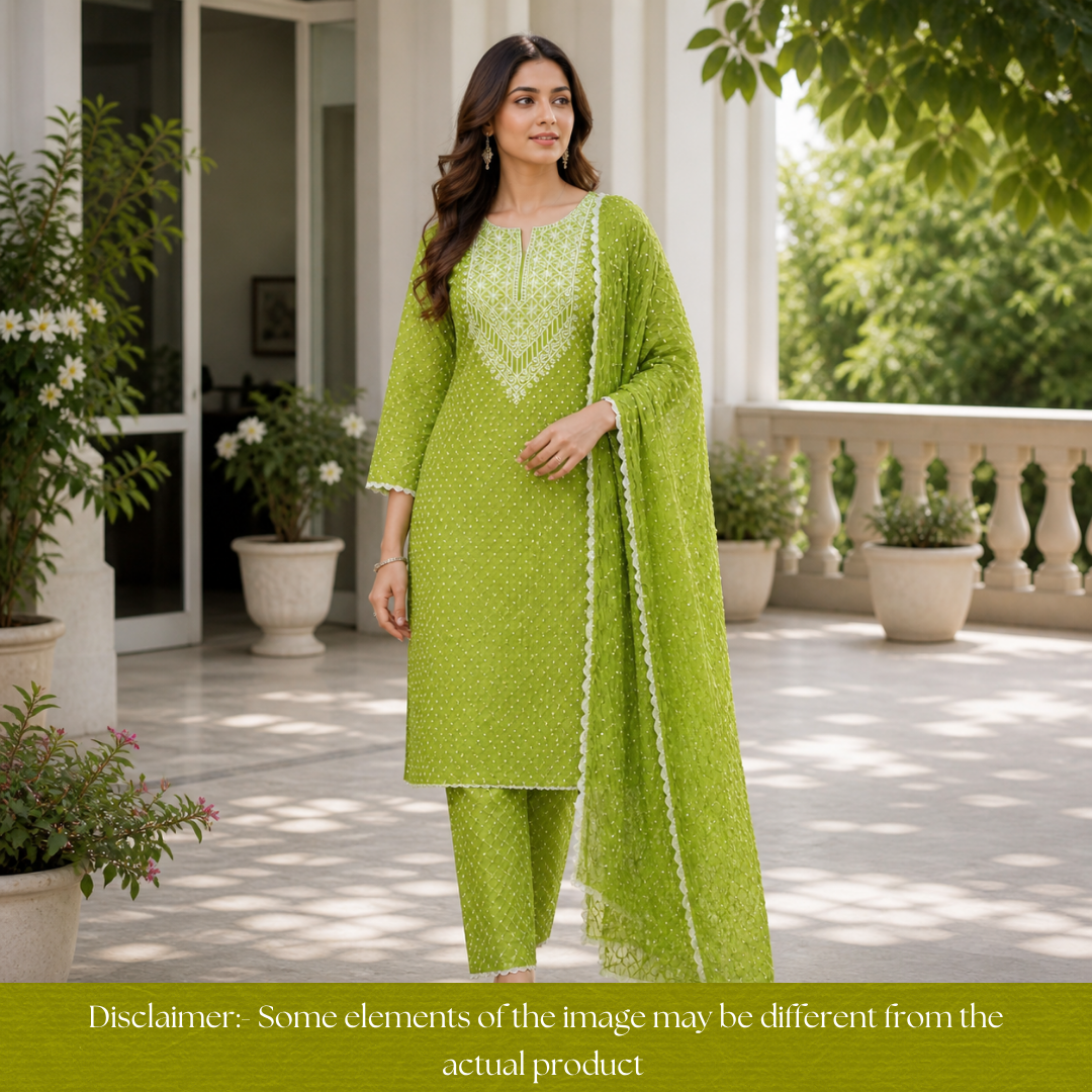 Bandegi Grass Green Authentic Bandhej with Thread Neck Work Cotton Set
