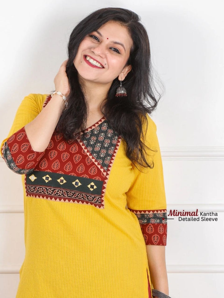 Hanniyaan Bright Yellow Angrakha Neck Work Kantha Cotton Kurti-D1