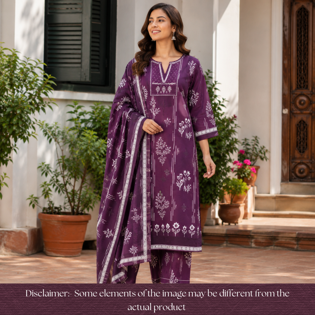 Yashvi Blueberry Purple Embroidered Yoke Printed Cotton Set