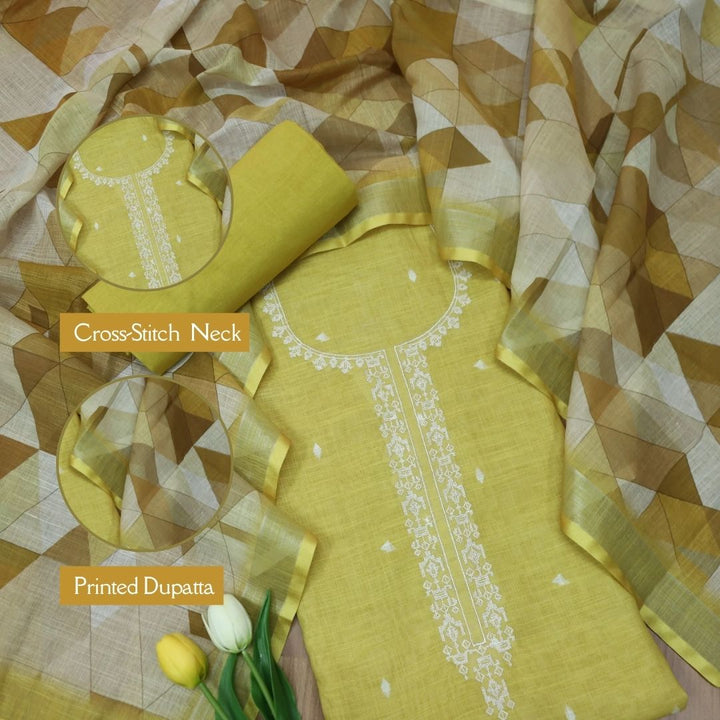 Rukhsat Turmeric Yellow Cross-Stitch Embroidery Neck Cotton Linen Suit Set