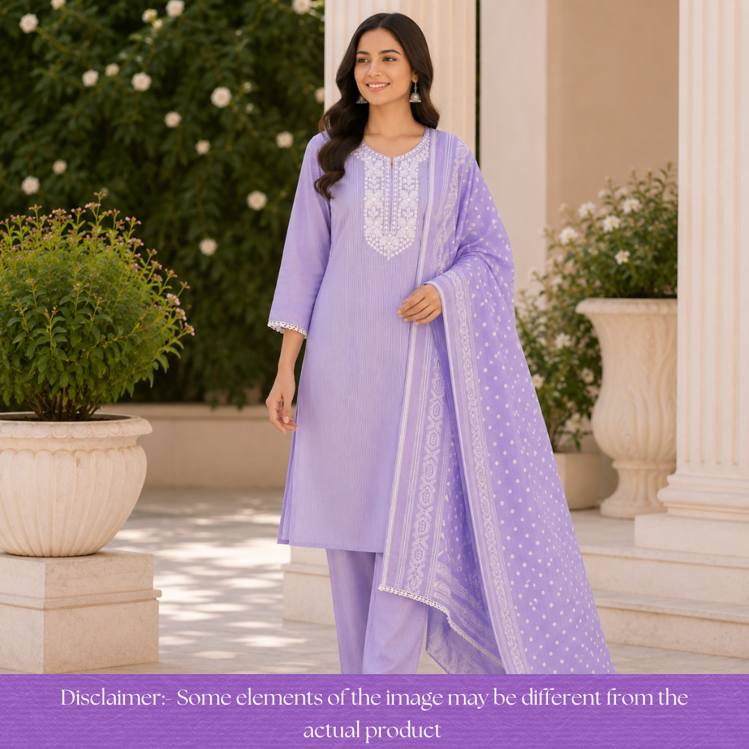 Aarshi Tulip Lilac Embroidered Neck Stripe Printed Cotton Set