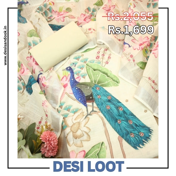 Bareli Buttermilk Beige All Over Moti with Spiral Work Peacock Print Cotton Linen Set