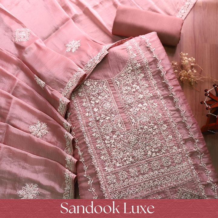 Avinya Tan Mauve Hand Embroidered Glass Crinkle Organza Set