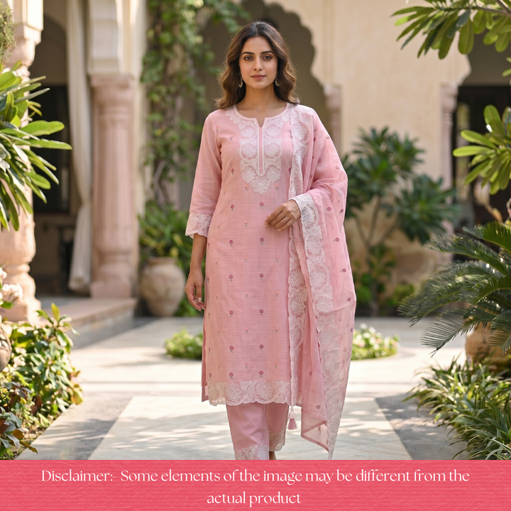 Yaleen Pastel Peach Thread Buti with Floral Patch Kota Doriya Set