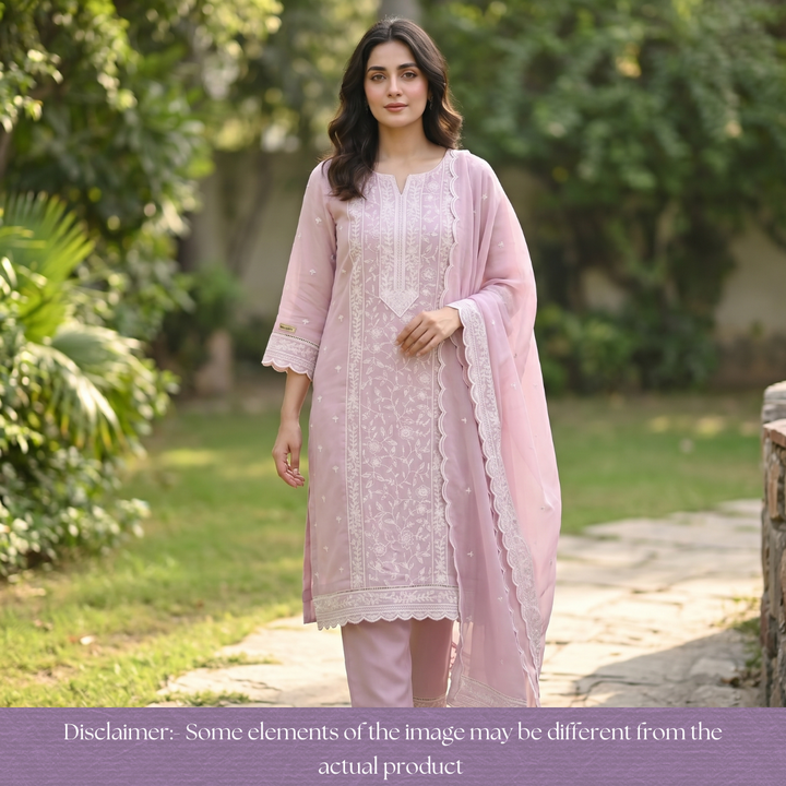Chaahat Petal Lilac Embroidered Panel Mul Chanderi Set