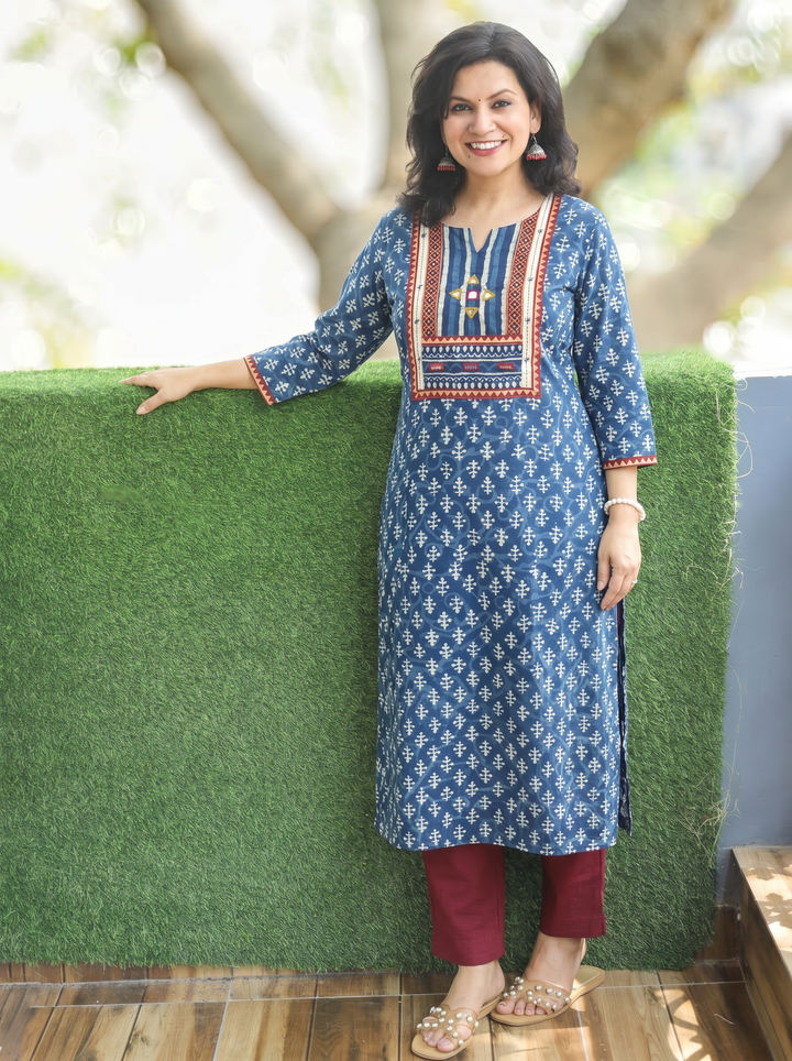Shardha Indie Blue Kutch Mirror Dabu Cotton Kurti