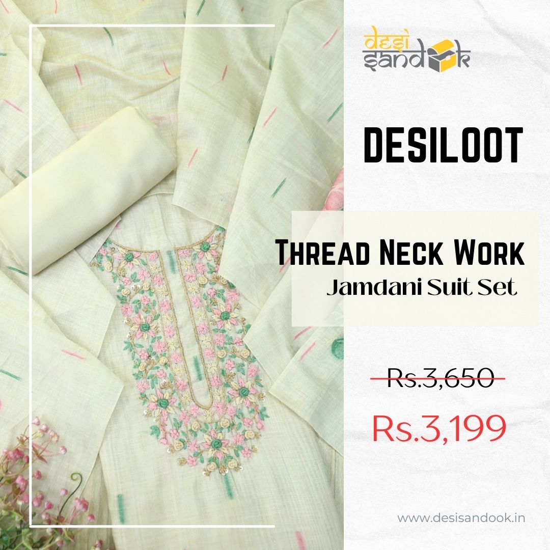 Jamdani Flamingo Pink Thread Neck Work Jamdani Suit Set