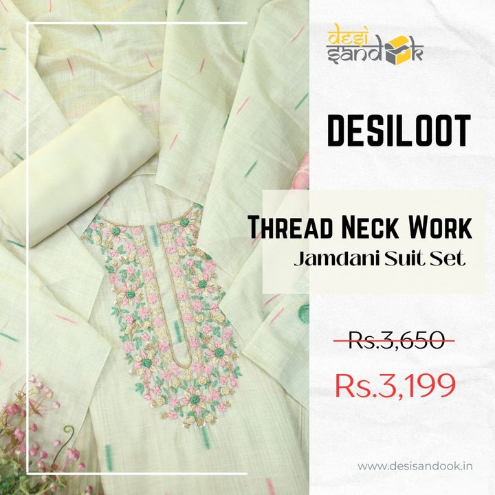 Jamdani Flamingo Pink Thread Neck Work Jamdani Suit Set