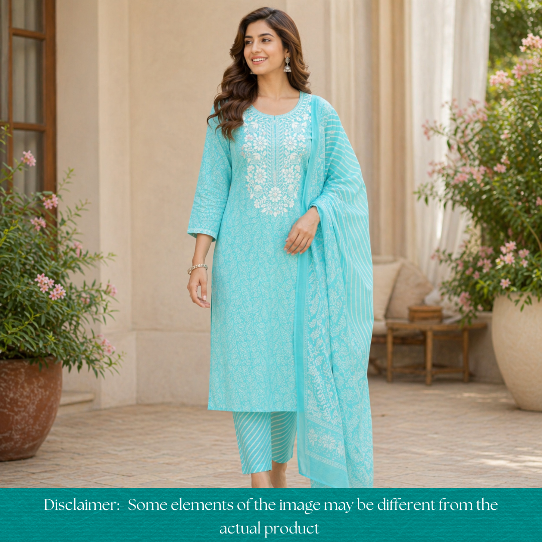 Stella Ocean Aqua Chikankari Inspired Neck Printed Cotton Set