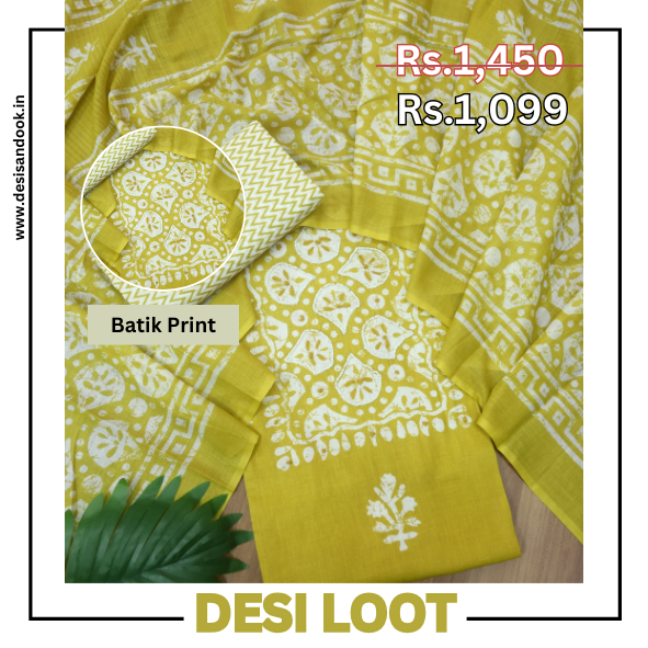 Nazara Lemon Yellow Moti Work in Batik Print Patch Cotton Suit Set