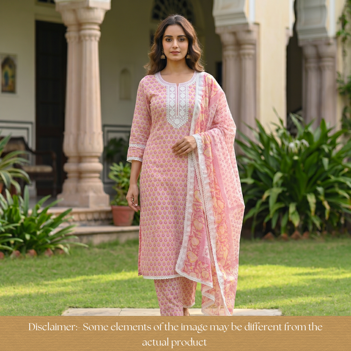 Keher White with Pink Floral Printed Embroidered Kota Doriya Set