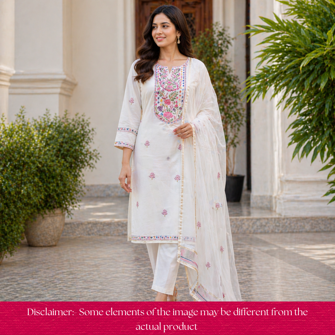 Hans White with Pink Floral Hand Painted Kantha Mul Chanderi Set
