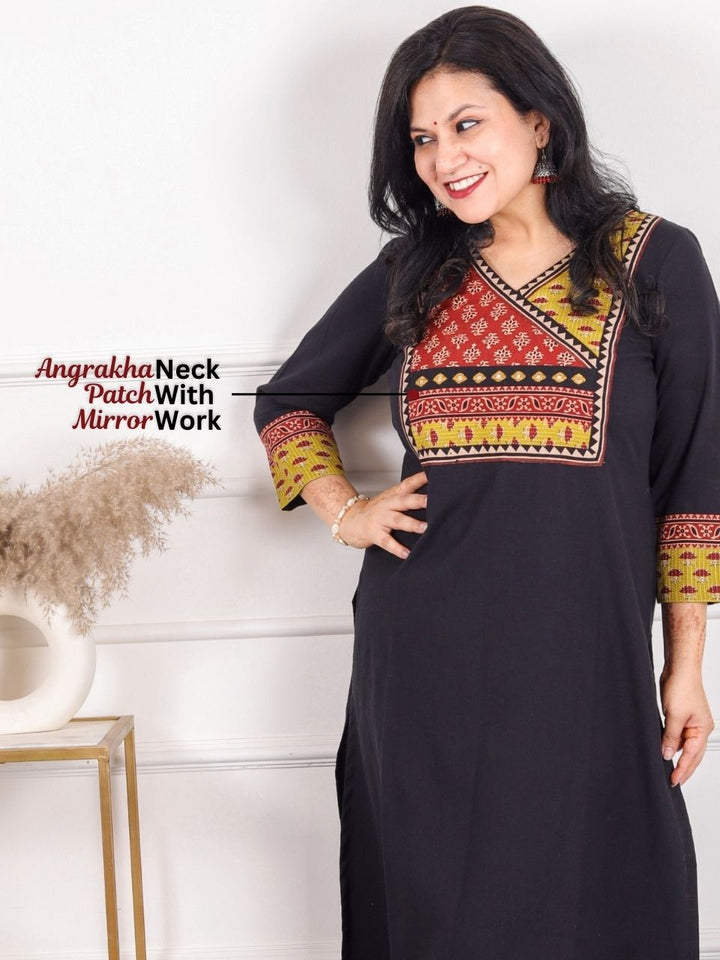 Shaayraana Midnight Black Kutch Fusion Work Angrakha Cotton Flex Kurti-D2
