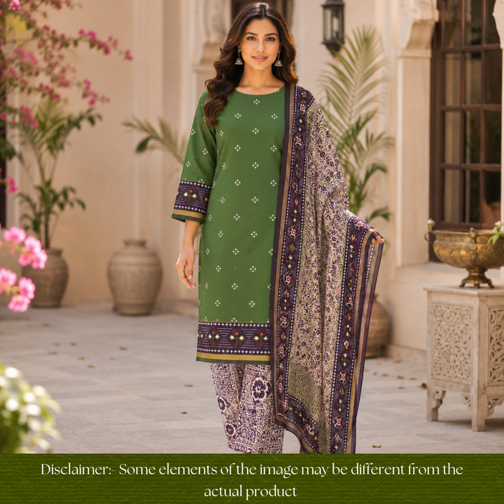 Saatvi Forest Green Ikkat Printed Hemline Mul Chanderi Set