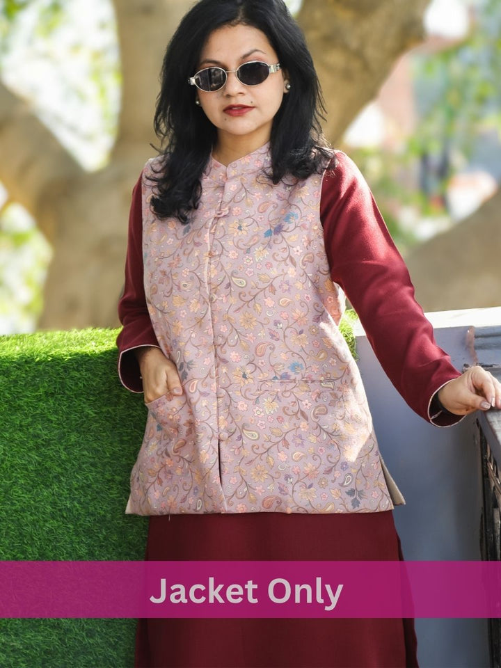 Saanvi Soft Lilac Kanni Printed Semi Pashmina Jacket with Pocket