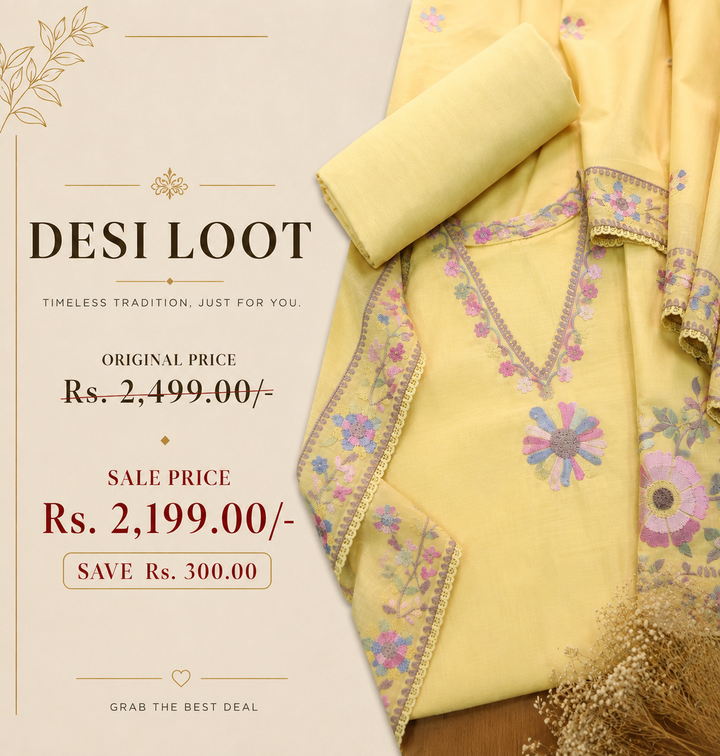 Mannat Butter Yellow Aari Embroidered Hem Mul Chanderi Set