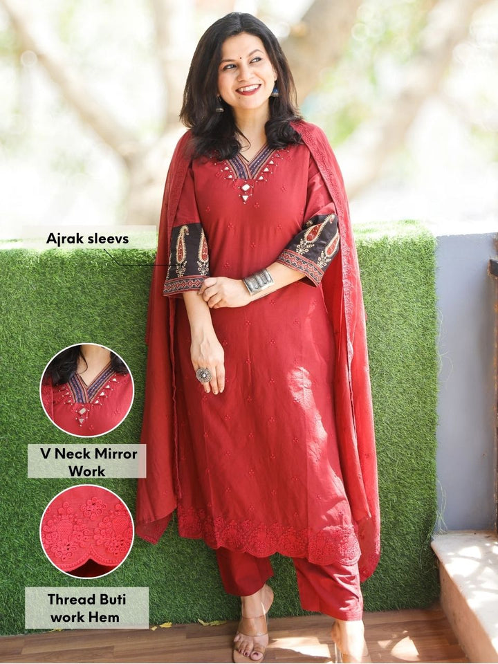 Chanda Dark Maroon V Neck Mirror Work Thread Buti Cotton 3 Piece Set
