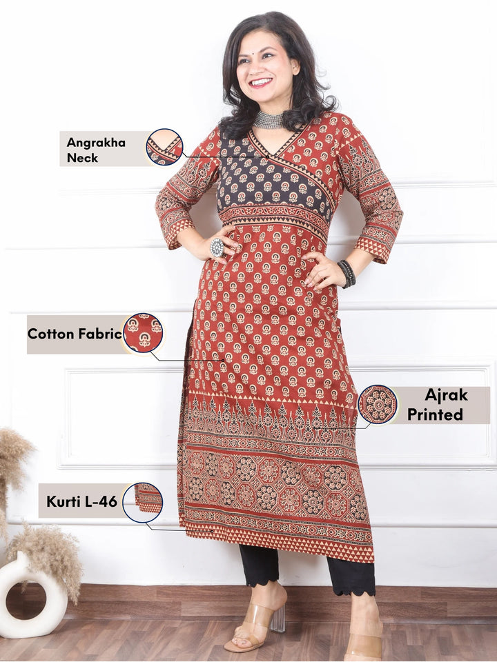 Shaniya Carnation Red Angrakha Neck Style Ajrak Printed Cotton Kurti