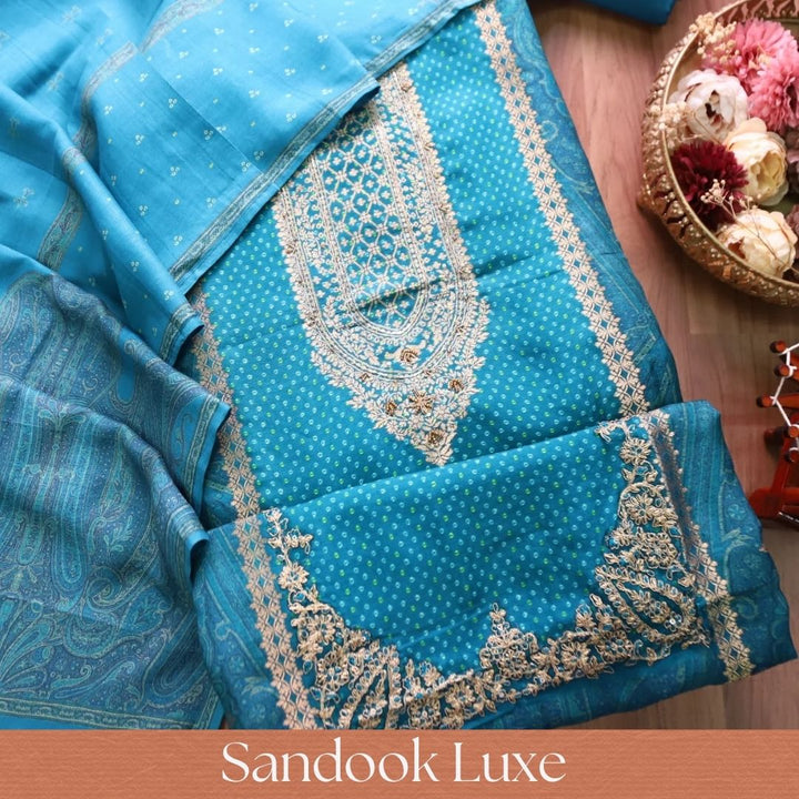 Naari Ocean Teal Zari Woven Brocade Patch Silk Set