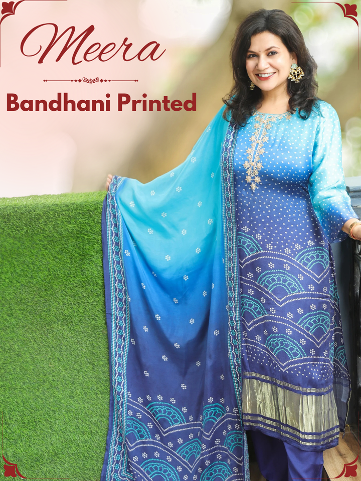 Meera Peacock Blue Embellish Bandhani Muslin 3 Piece Set