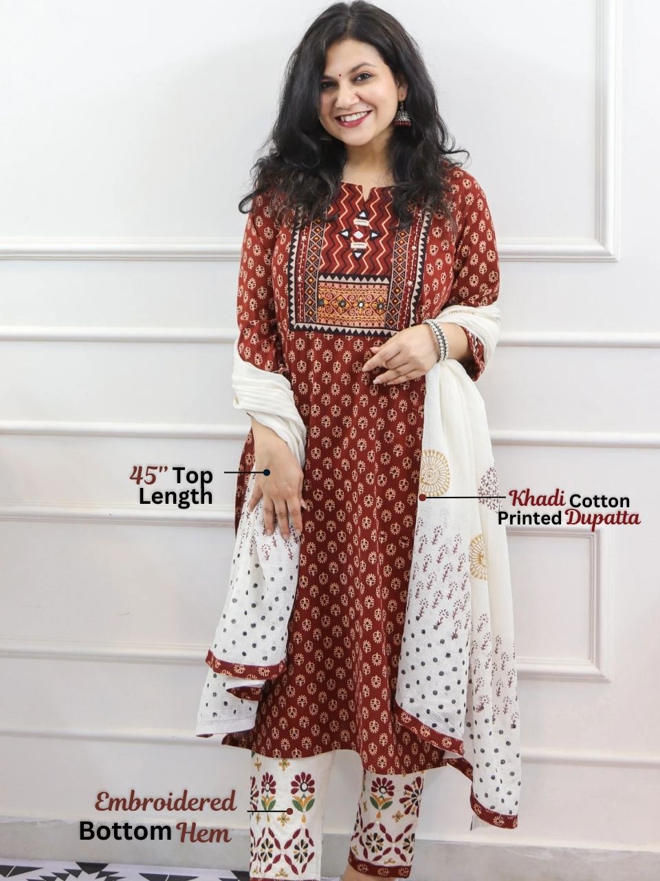 Chaahat Barn Red Kutch Mirror Neck Work Print Cotton 3 Piece Set-D8