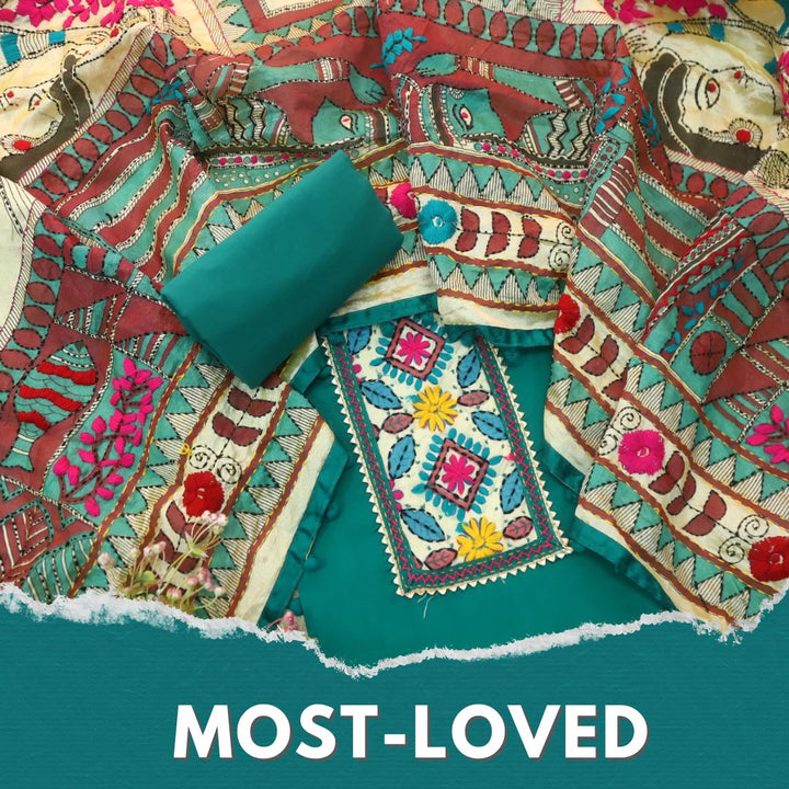 Ruksana Aqua Teal Glazed Cotton Top With Art Silk Dupatta
