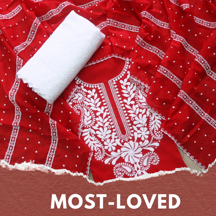 Nadaani Bride Red Chikankari inspired Neck Work Cotton Suit Set