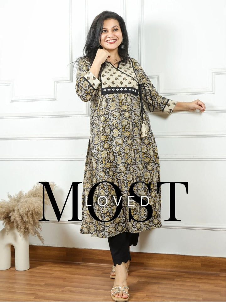 Udarri Black Kalamkari Printed Kutch Patch Neck Angrakha Cotton Kurti-D1