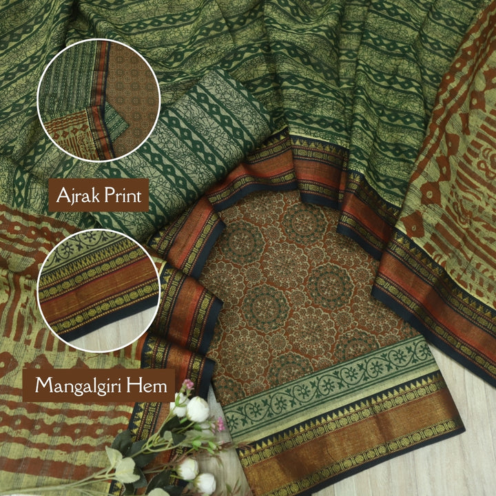 हीरल Rust Orange Ajrak Printed Mangalgiri Hem Work Cotton Suit Set