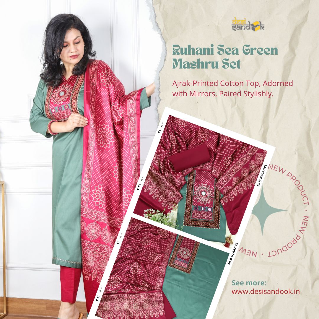 Ruhani Sea Green Glazed Cotton Top With Mashru Stole Dupatta