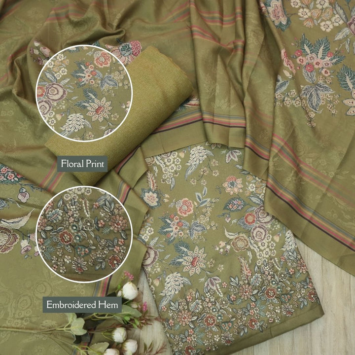 शरारत Moss Green Embroidered Hem in Floral Print Semi Pashmina Winter Set