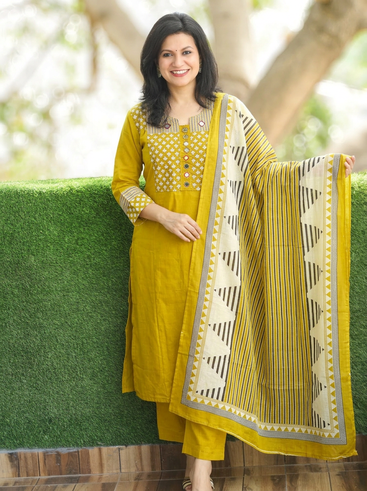 Jessica Turmeric Yellow Mirror Yoke Cotton 3 Piece Set