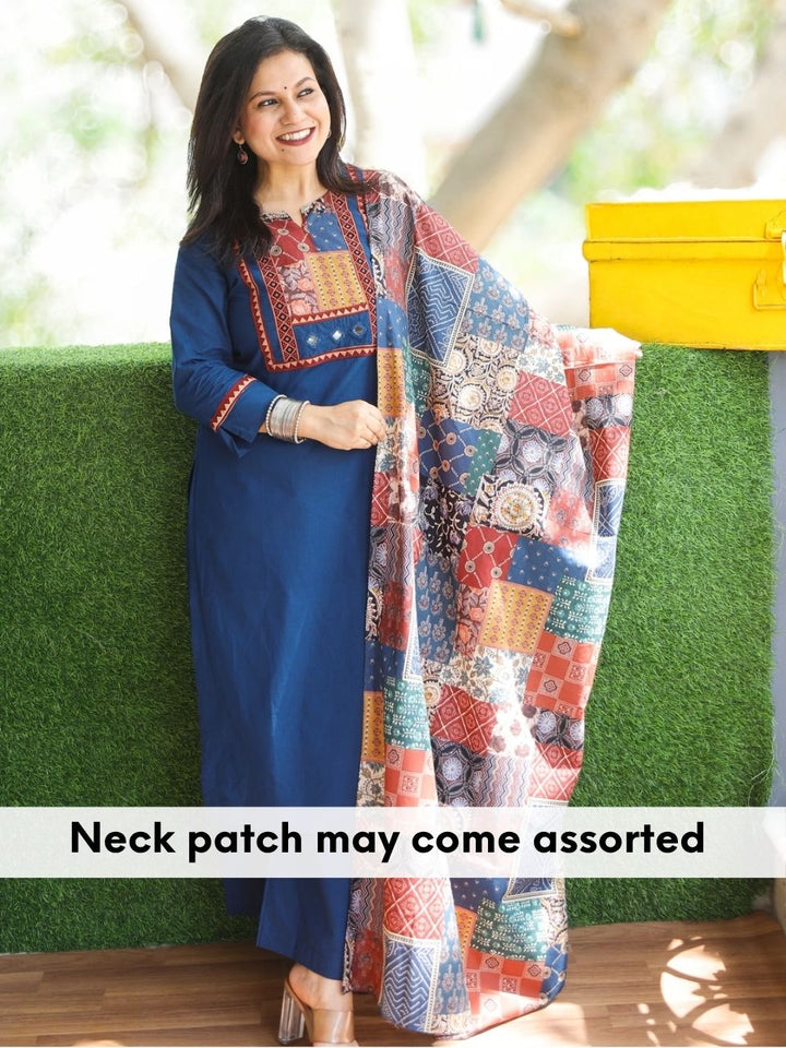 Gulkand Royal Blue Ajrak Patches Neck Work with Mirror Cotton 3 Piece Set