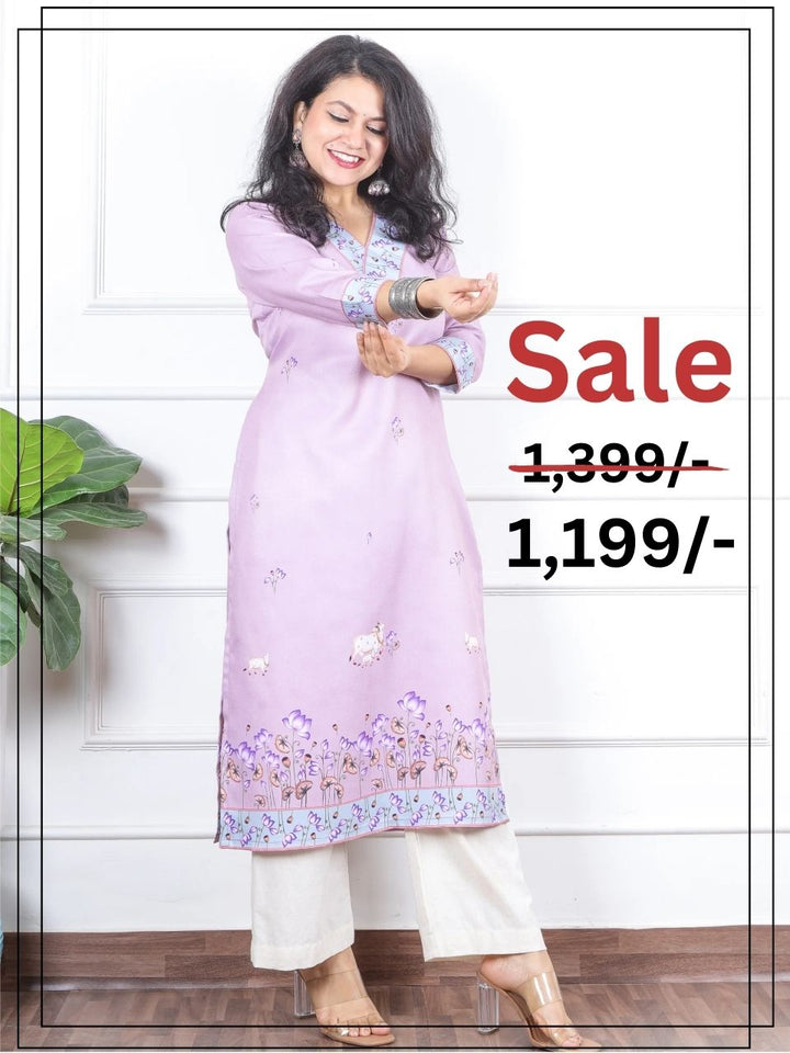 निकुंज Soft Lilac Pichwai Print V Neck Semi Pashmina Winter Kurti