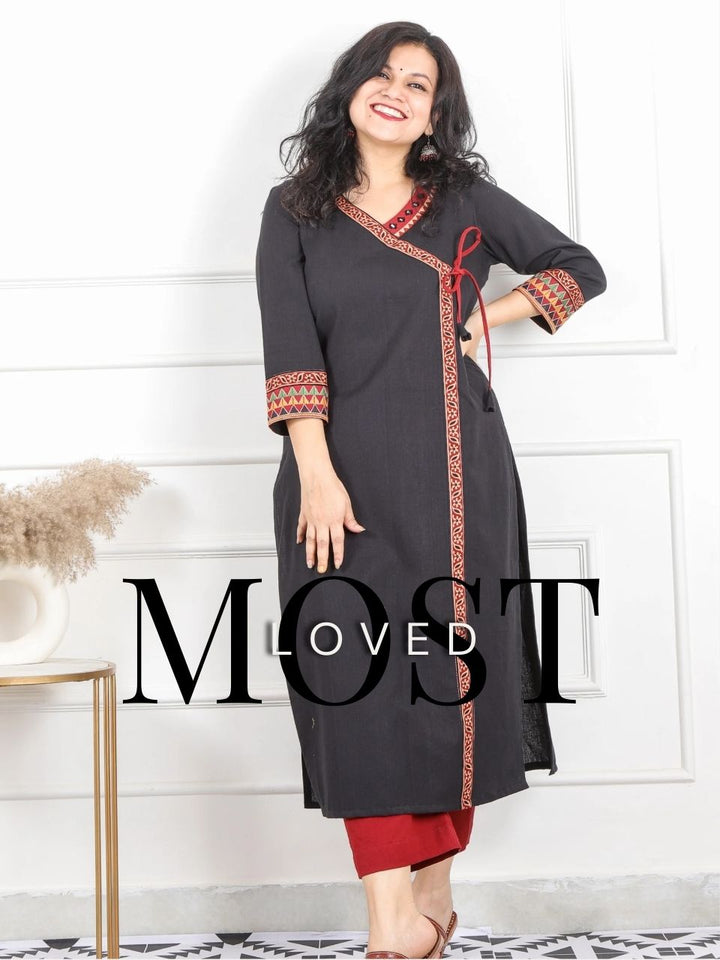 Raavi Coal Black Long Angrakha Style Neck Cotton Flex Kurti-D1