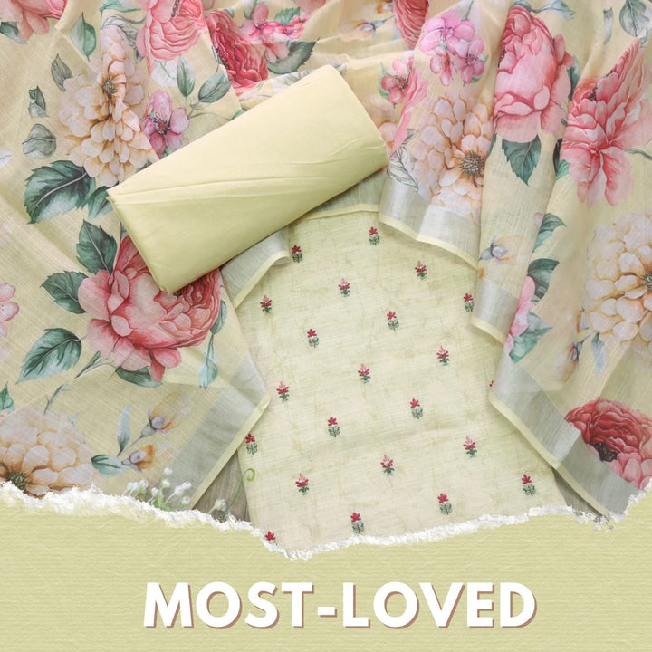 Deedar Pineapple Yellow Floral Embroidery Buti Work Cotton Linen Suit Set