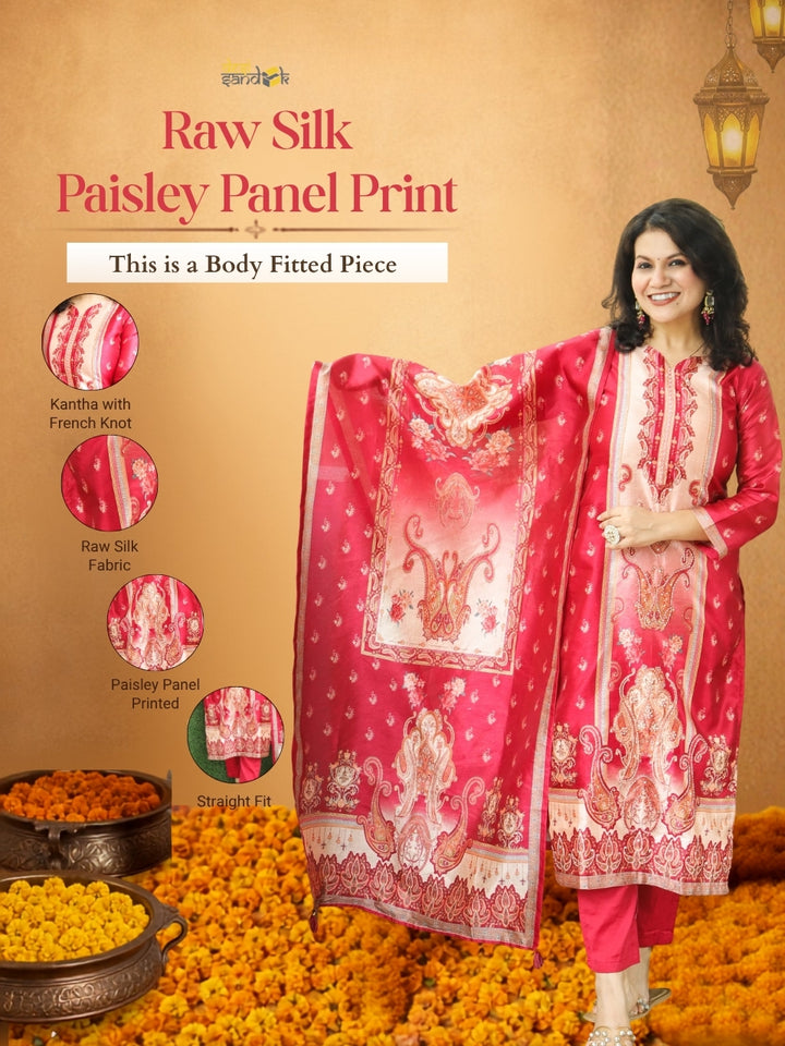 Geet Bride Red Paisley Panel Printed Raw Silk 3 Piece Set