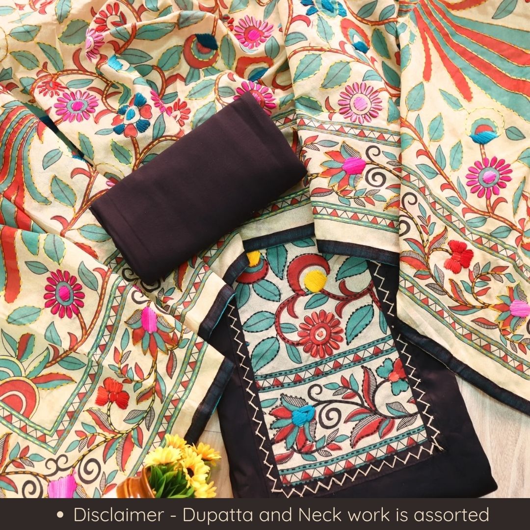 Farishta Black Kantha Phulkari Fusion Work Glazed Cotton Suit Set D2