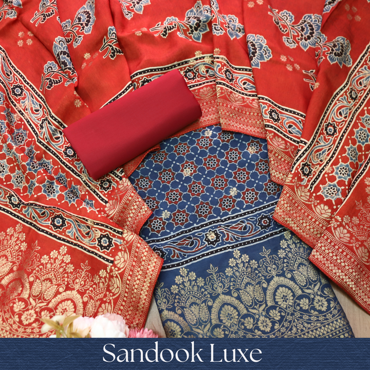 Musafir Navy Blue Zari Woven Hem Ajrak Printed Dola Silk Set