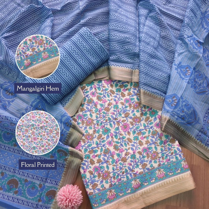 जीनत White with Blue Floral Printed Mangalgiri Hem Work Cotton Suit Set
